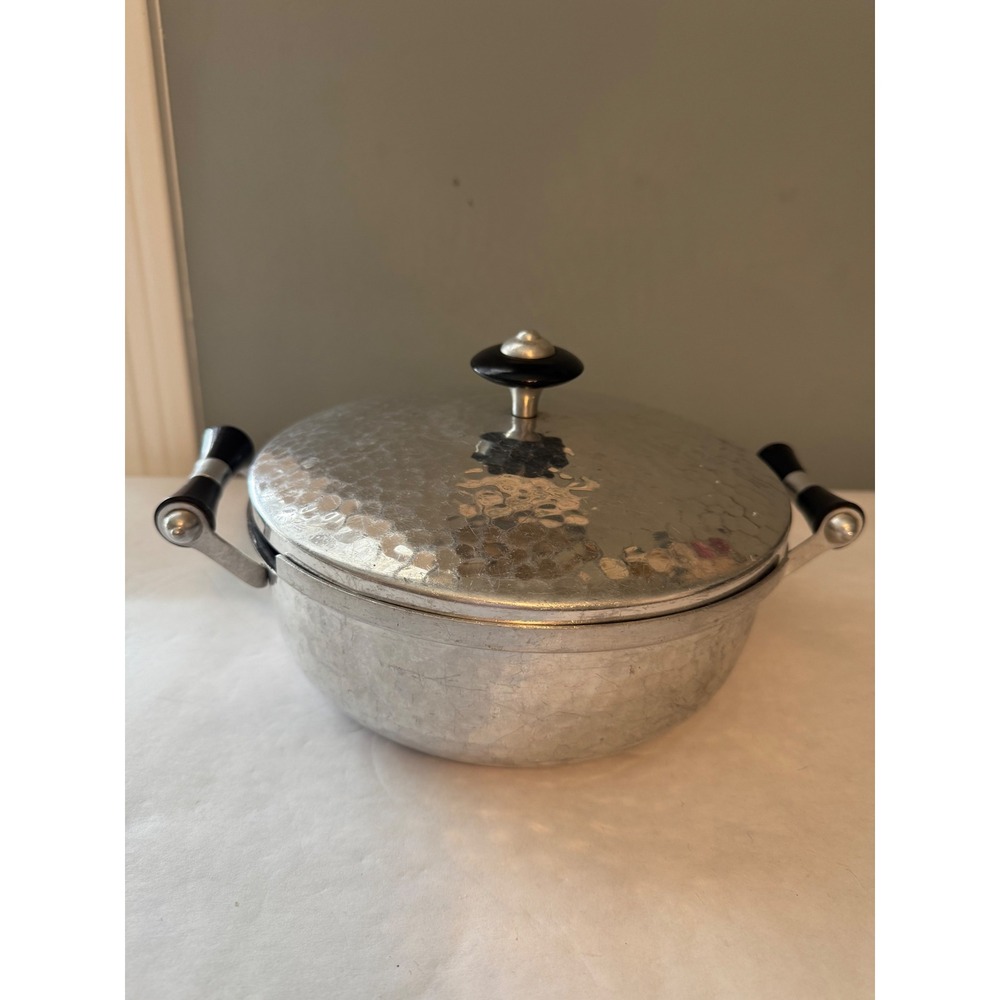 Hammered Aluminum Serving Dish‎ Covered Casserole Spain Black Handles MCM